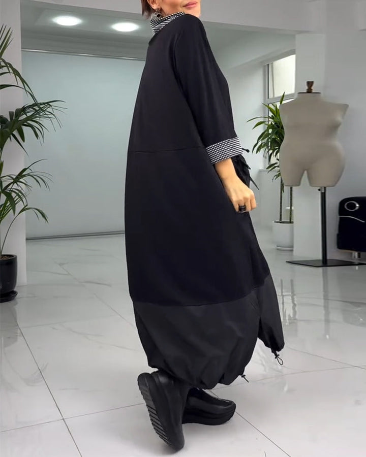 Robe patchwork à carreaux décontractée avec col montant et poche