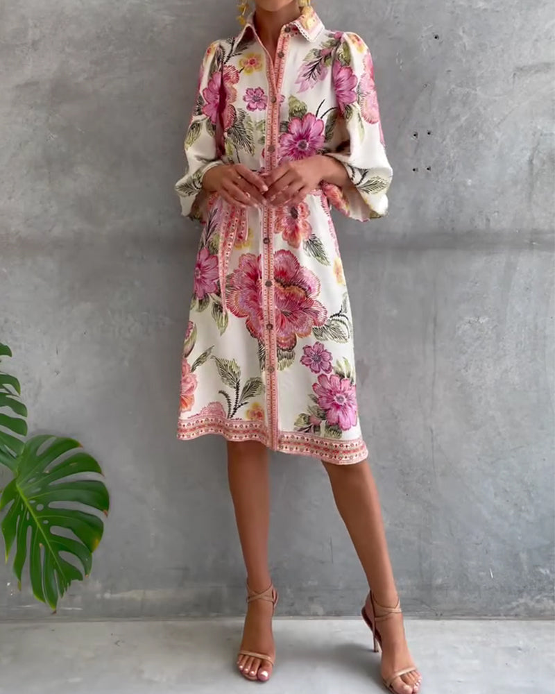 Robe Française Manchon Col Cranté Imprimé