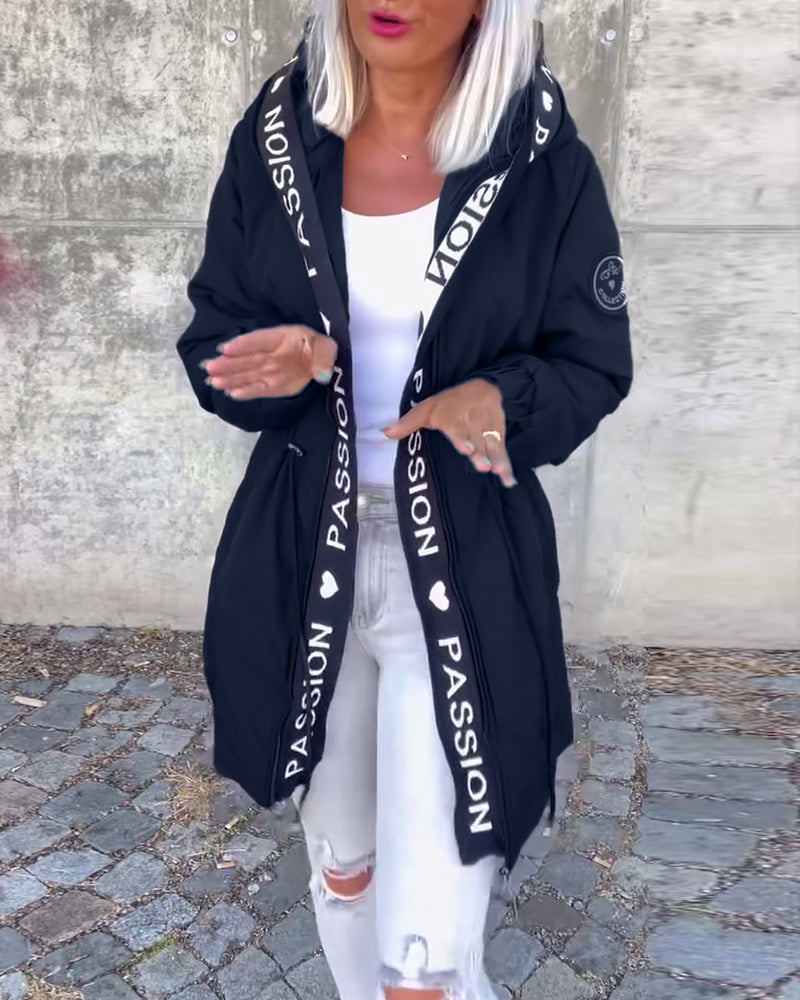 Manteau à capuche décontracté avec cordon de serrage et imprimé lettre