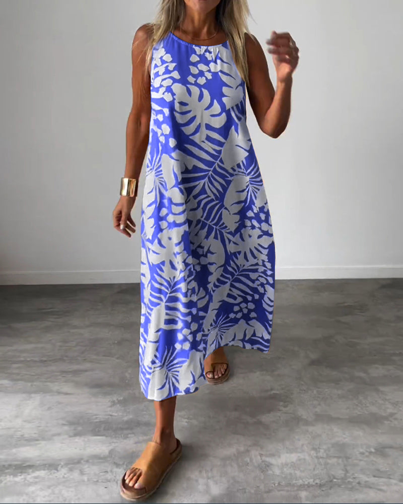 Robe décontractée sans manches à imprimé feuilles