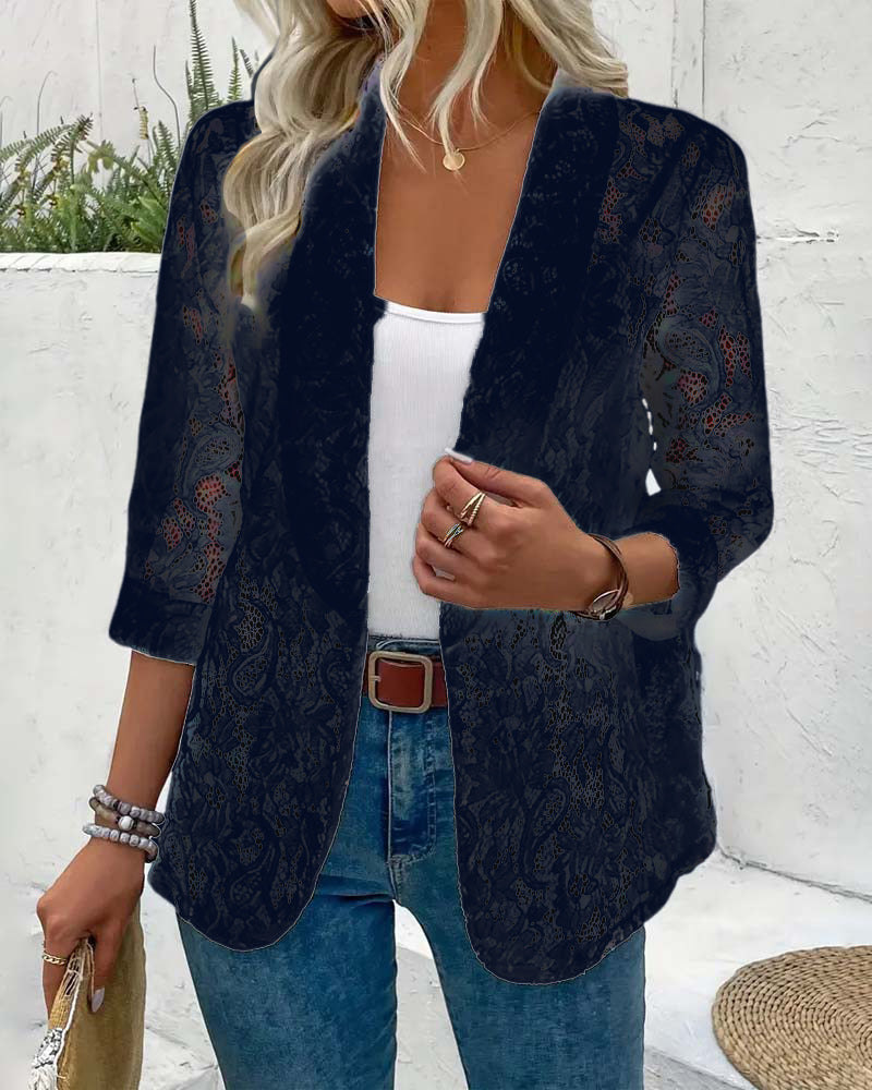 Manteau élégant à revers en dentelle florale de couleur unie