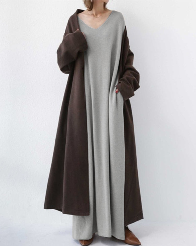 Robe trapèze à manches longues et col en V