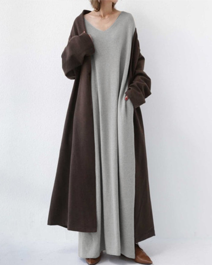 Robe trapèze à manches longues et col en V
