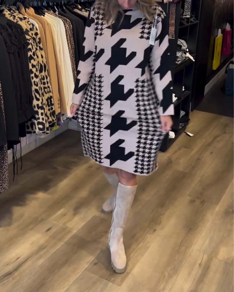 Robe à manches longues pied-de-poule