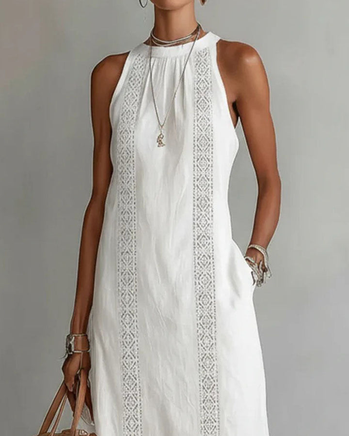 Robe Sans Manches Dentelle Patchwork Lin Coton Midi