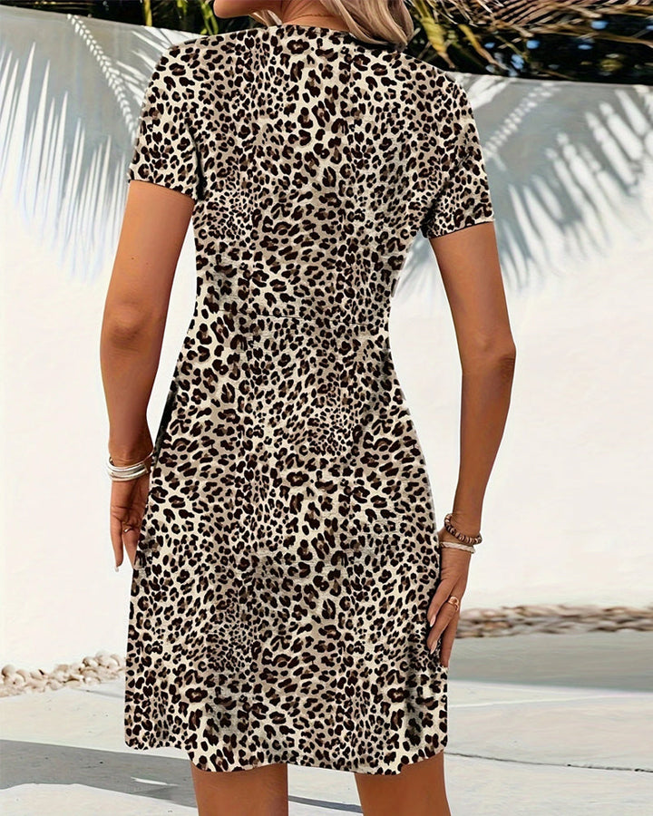 Robe Manches Courtes En V Imprimé Léopard