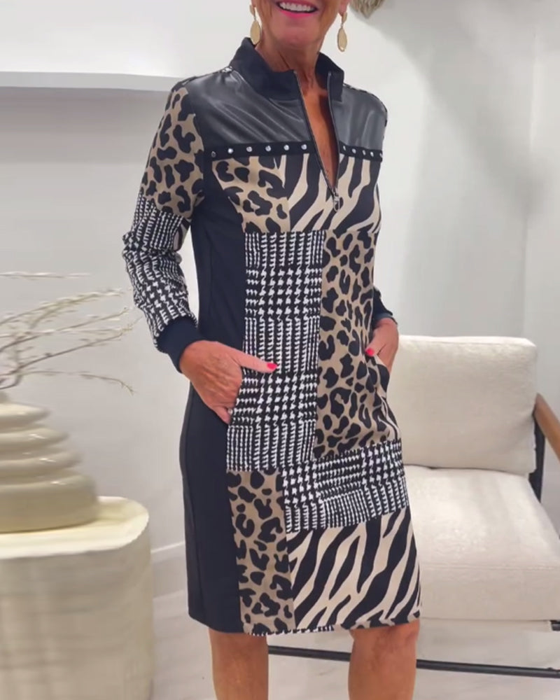 Robe élégante à imprimé léopard avec poche zippée et patchwork