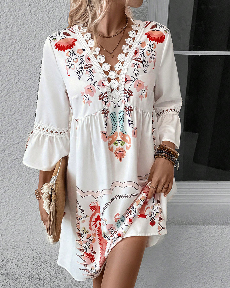 Robe Encolure En V Broderie De Dentelle Décontracté Polyvalent Imprimé
