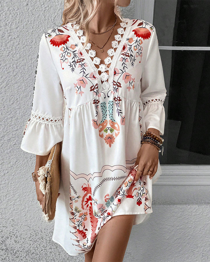 Robe Encolure En V Broderie De Dentelle Décontracté Polyvalent Imprimé