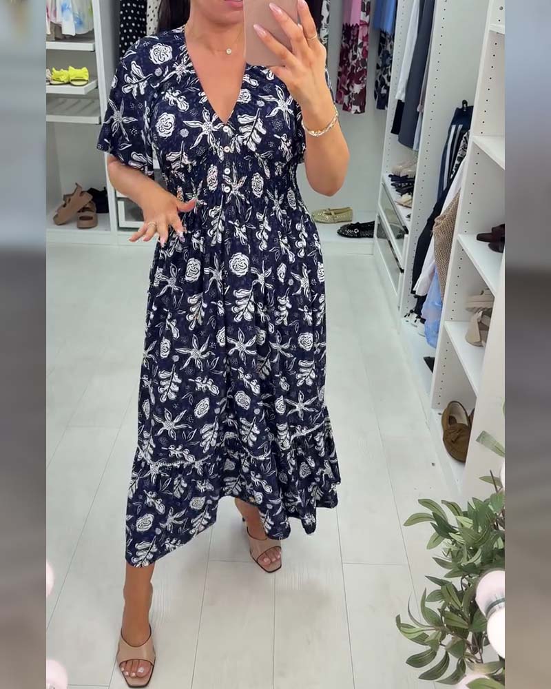 Robe Col V Loose Imprimé Longue