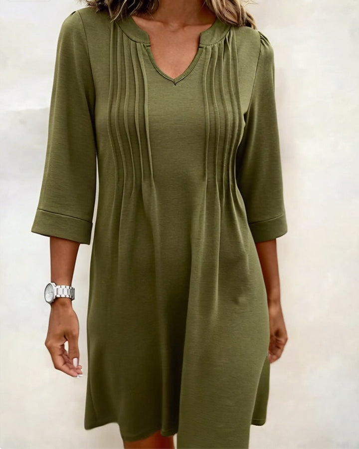 Robe Demi-Manches Plissée Ourlet A Col V