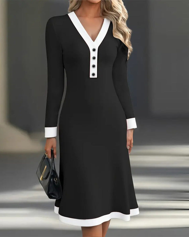 Robe Manches Longues Couleur Contrastée Élégante