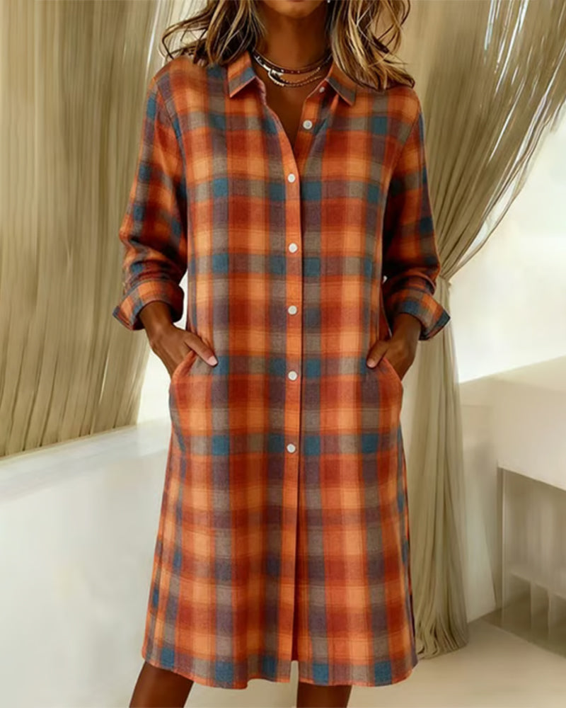 Robe Chemise À Carreaux Col Revers Boutonnée