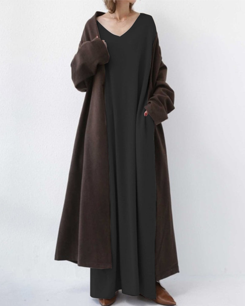 Robe trapèze à manches longues et col en V