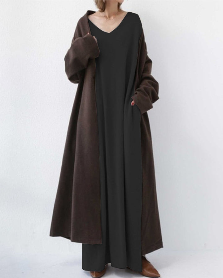 Robe trapèze à manches longues et col en V