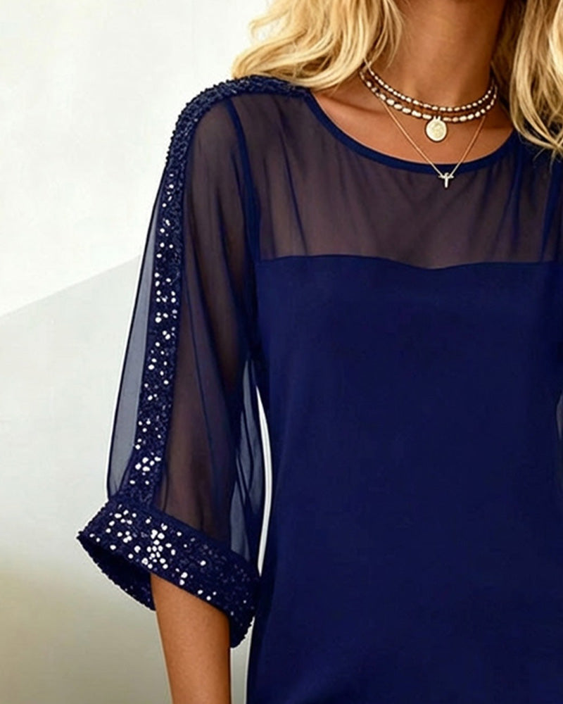 Robe Pailletée Panneaux Maille Col Rond