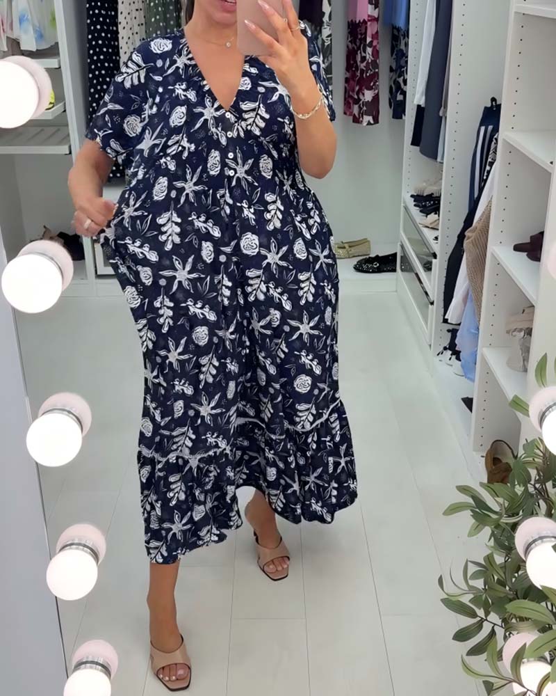 Robe Col V Loose Imprimé Longue