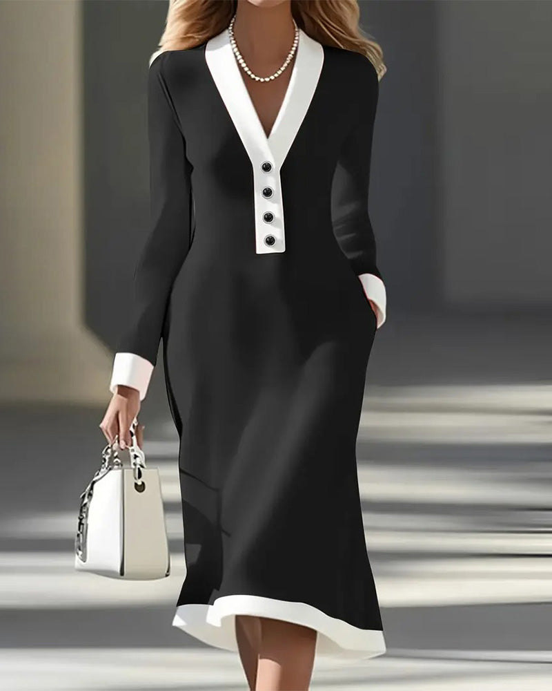 Robe Manches Longues Couleur Contrastée Élégante