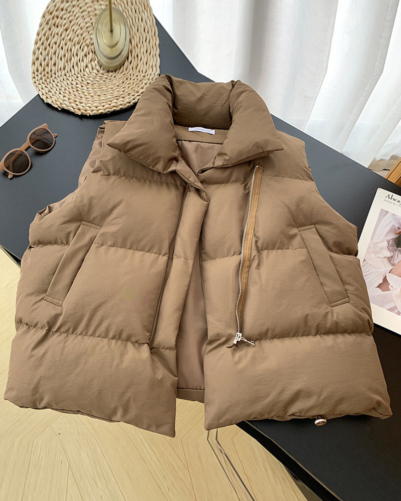 Veste matelassée simple sans manches avec poche zippée de couleur unie