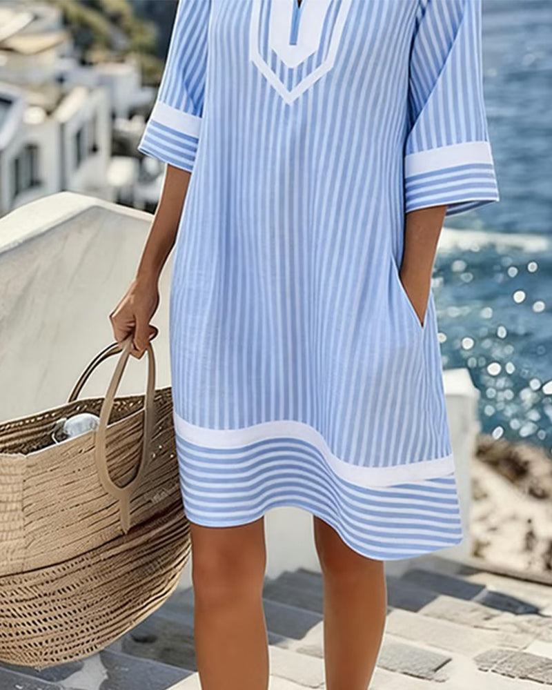 Robe Col V Manche Courte Rayé