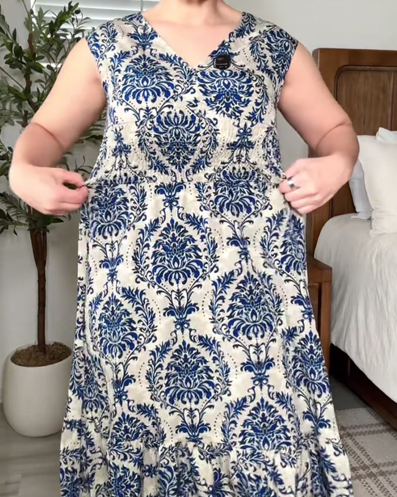 Robe Rétro Imprimé Sans Manches Maxi