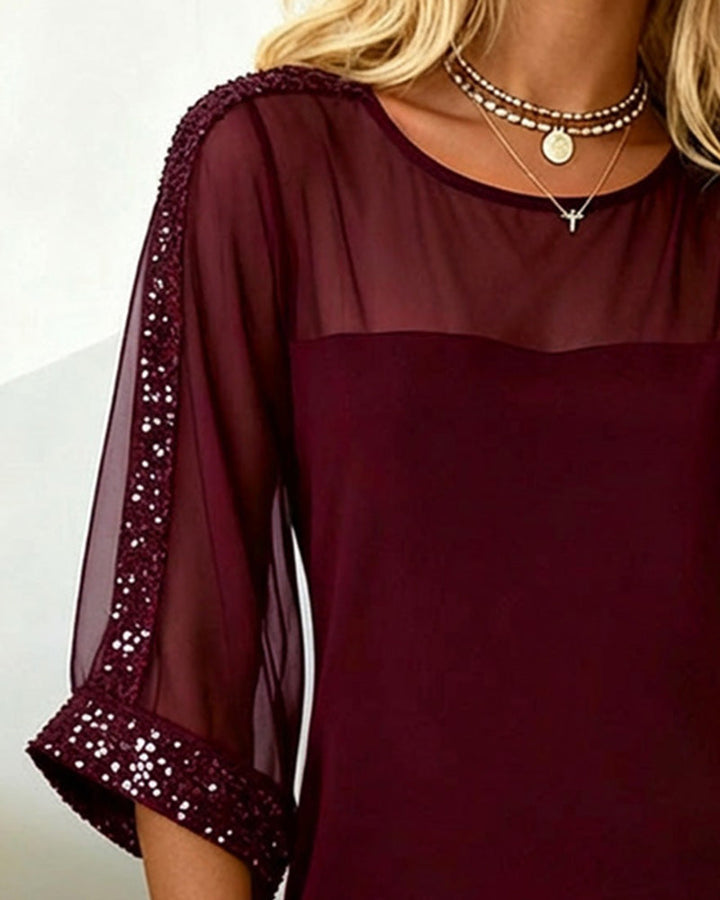 Robe Pailletée Panneaux Maille Col Rond