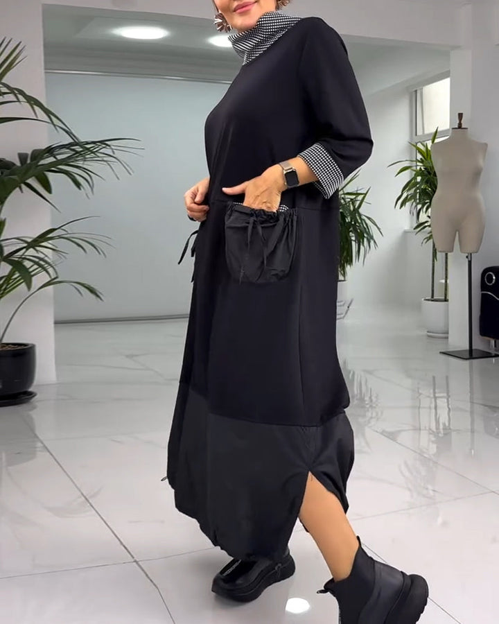 Robe patchwork à carreaux décontractée avec col montant et poche