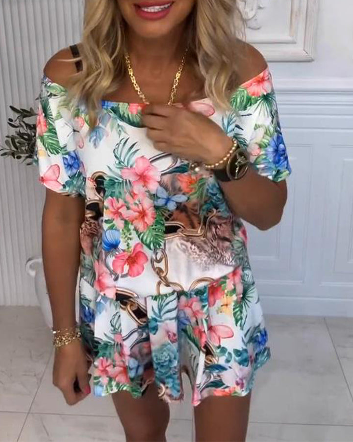 Jumpsuit avec Motifs de Plantes et de Fleurs, Style Épaules Nues
