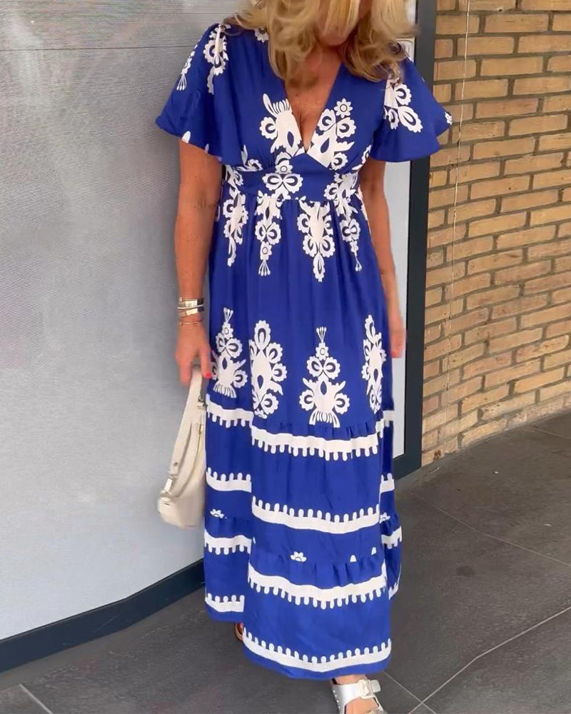 Robe longue élégante à col en V imprimé vintage
