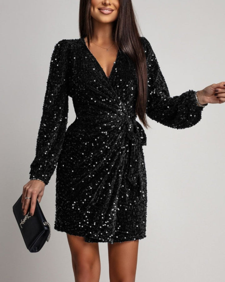 Robe À La Mode Séquence Col V Manches Lanterne