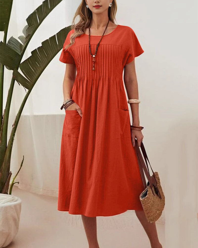 Robe Plissée Manches Courtes Coton Et Lin