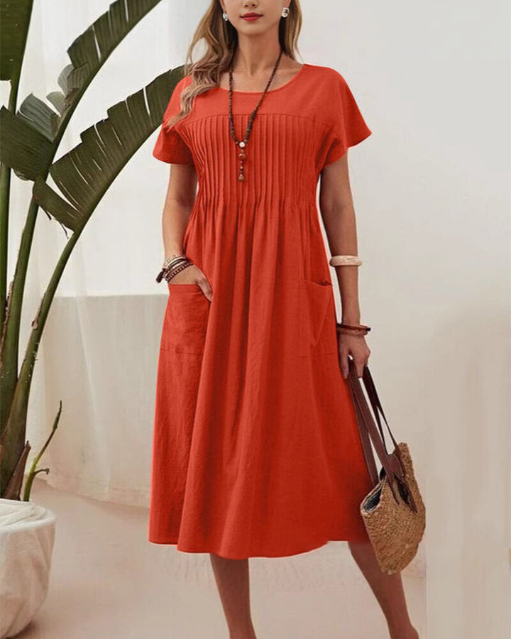 Robe Plissée Manches Courtes Coton Et Lin