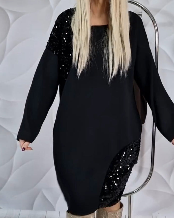 Robe Col Rond À Paillettes Patchwork