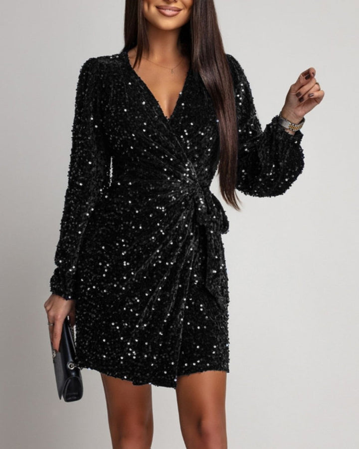 Robe À La Mode Séquence Col V Manches Lanterne