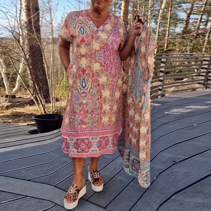 Robe Col En V Manches Courtes Imprimée Droite