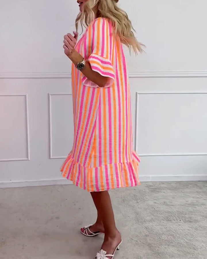 Robe Col Rond Rayée Plissée Coupe Droite