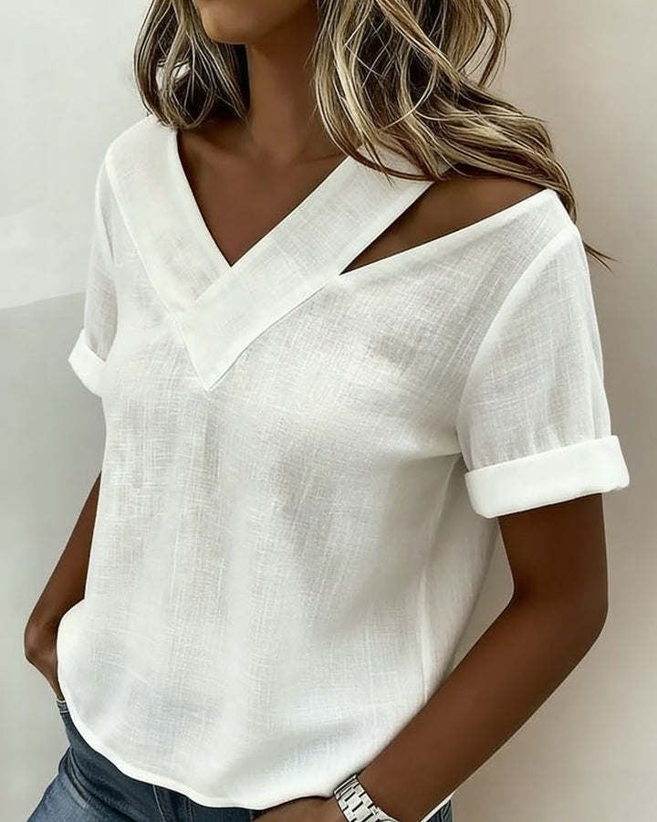 Chemisier Off-Shoulder Col V Uni Manche Courte