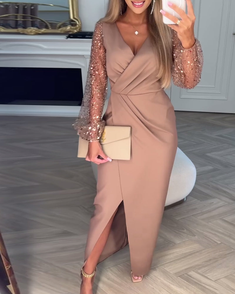 Robe Élégante À Fente Avec Manches Pailletées