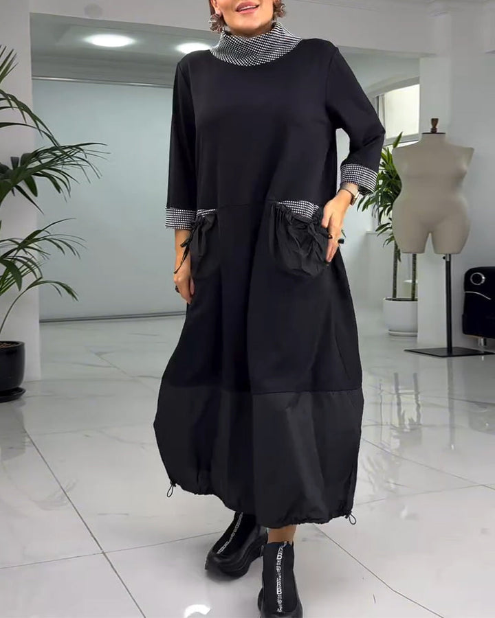 Robe patchwork à carreaux décontractée avec col montant et poche