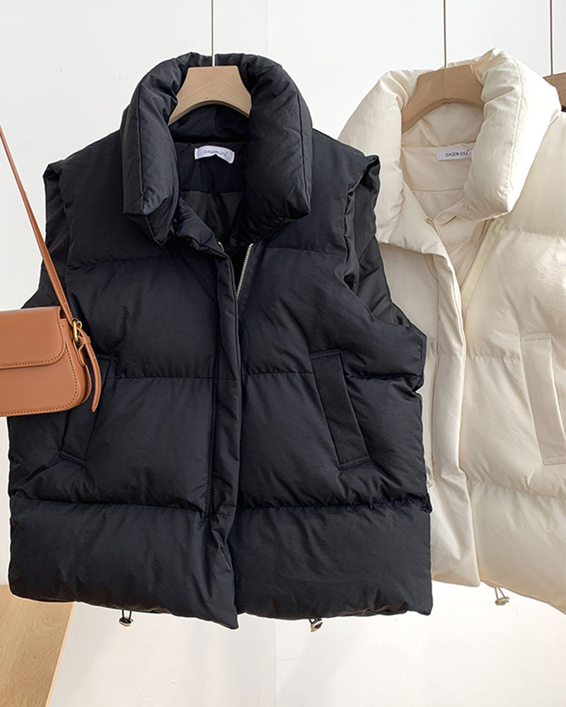 Veste matelassée simple sans manches avec poche zippée de couleur unie