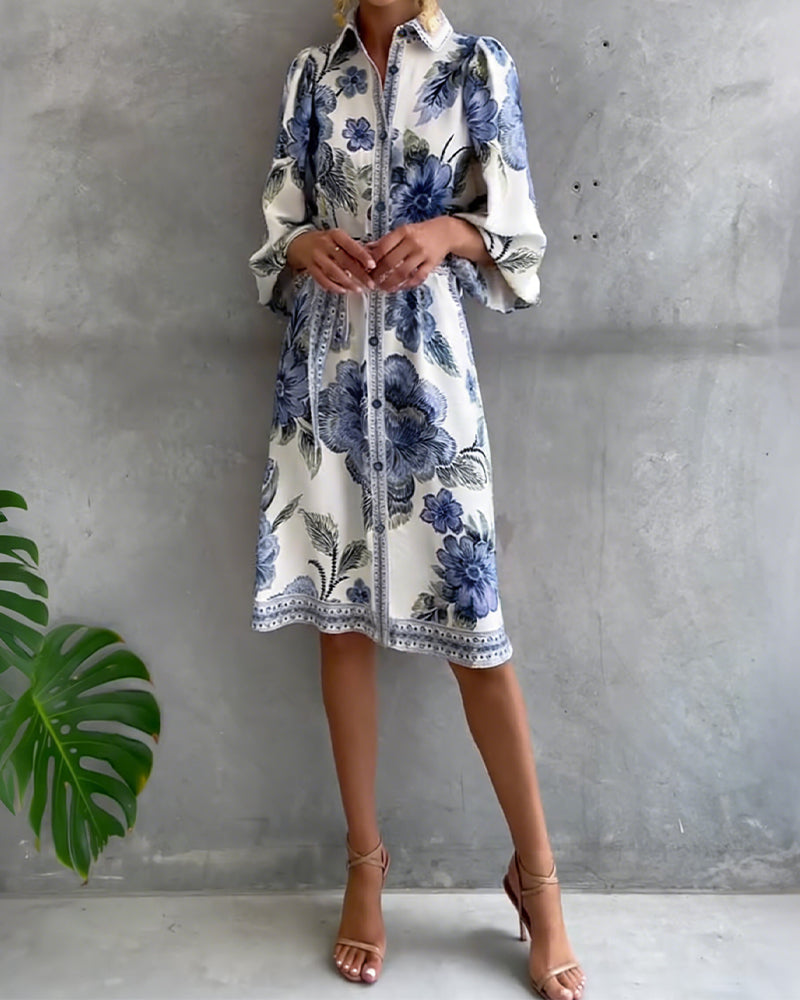 Robe Française Manchon Col Cranté Imprimé
