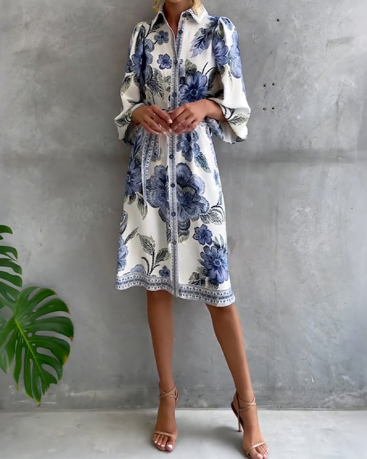 Robe Française Manchon Col Cranté Imprimé