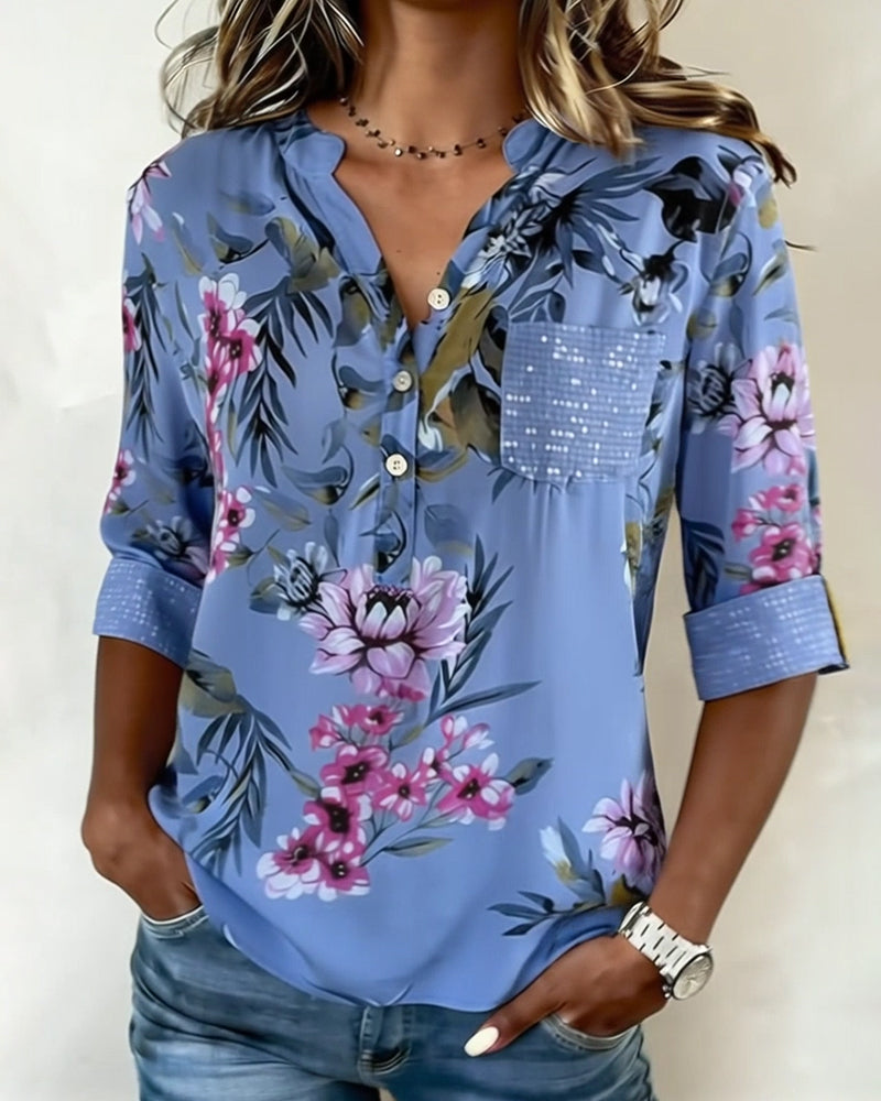 Blouse Col V Sequins Floral