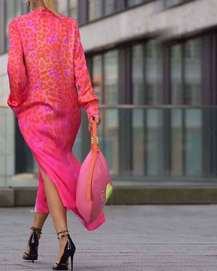 Robe Manches Longues Imprimé Léopard Fente