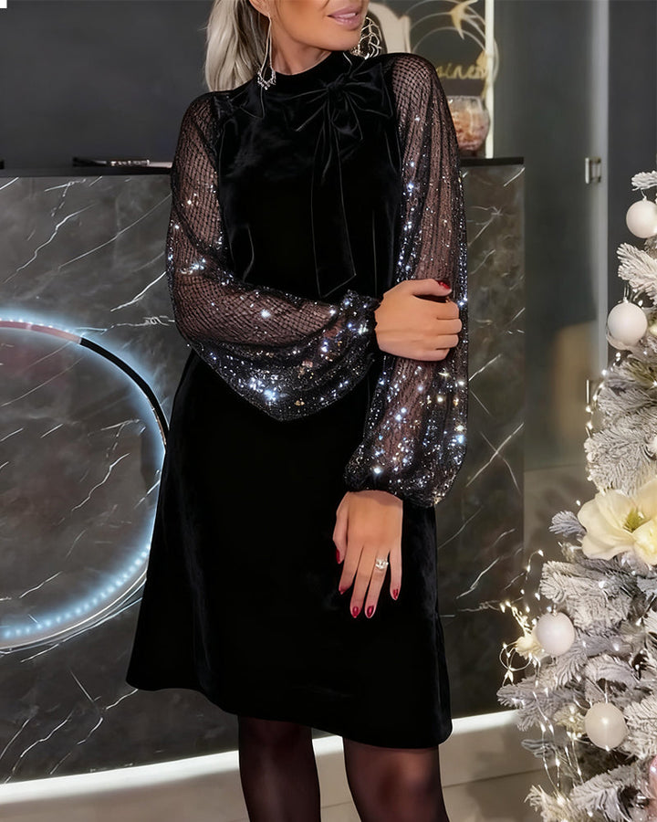 Robe Élégante À Manches Ballon Et Patchwork
