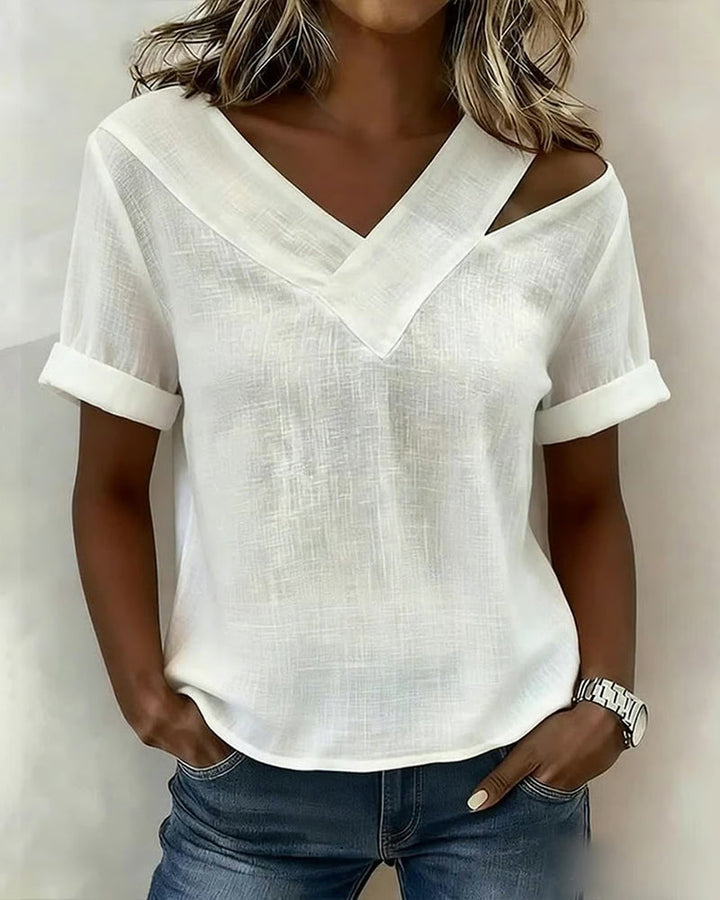 Chemisier Off-Shoulder Col V Uni Manche Courte