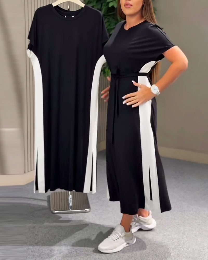Robe Col Rond Patchwork Manches Courtes