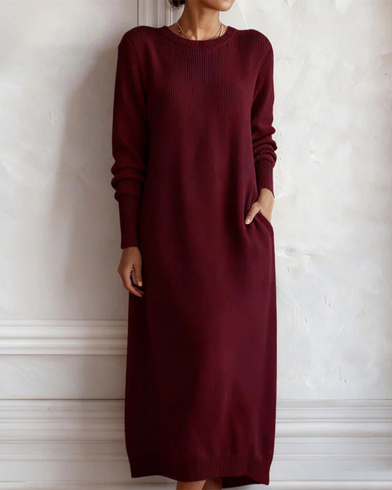 Robe Tricotée Couleur Unie À Col Rond