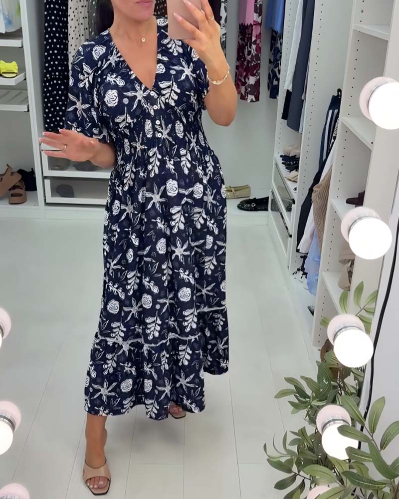 Robe Col V Loose Imprimé Longue