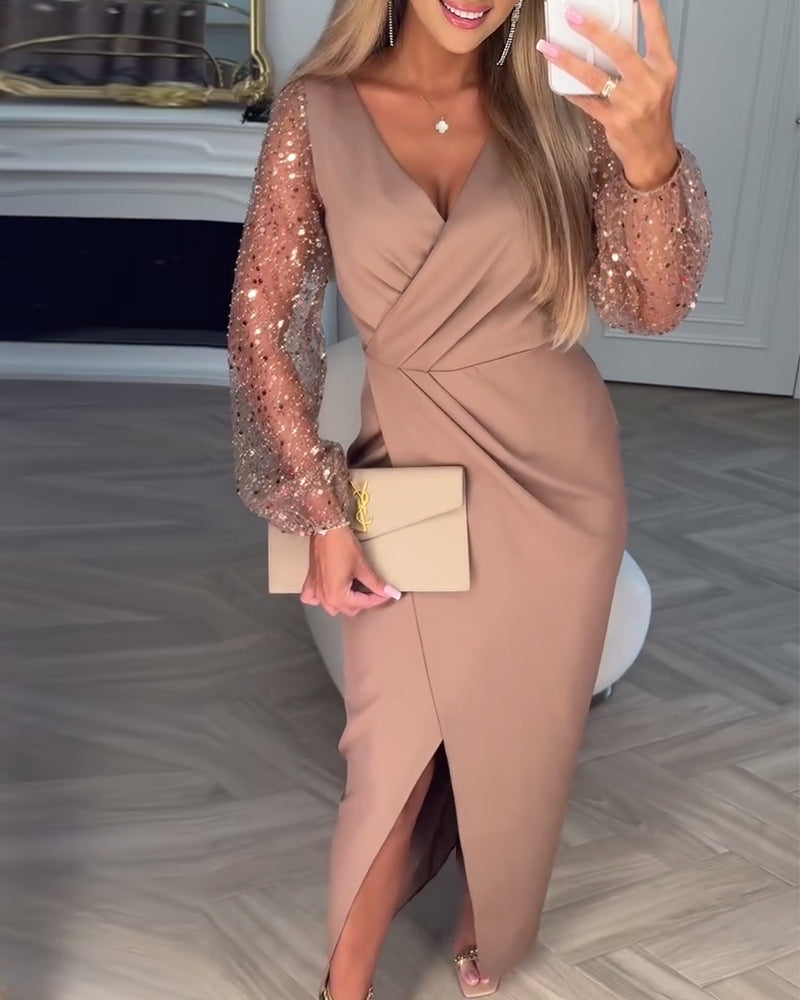 Robe Élégante À Fente Avec Manches Pailletées